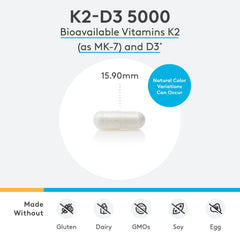 Close-up of XYMOGEN K2-D3 5000 label with MK-7 and D3 details