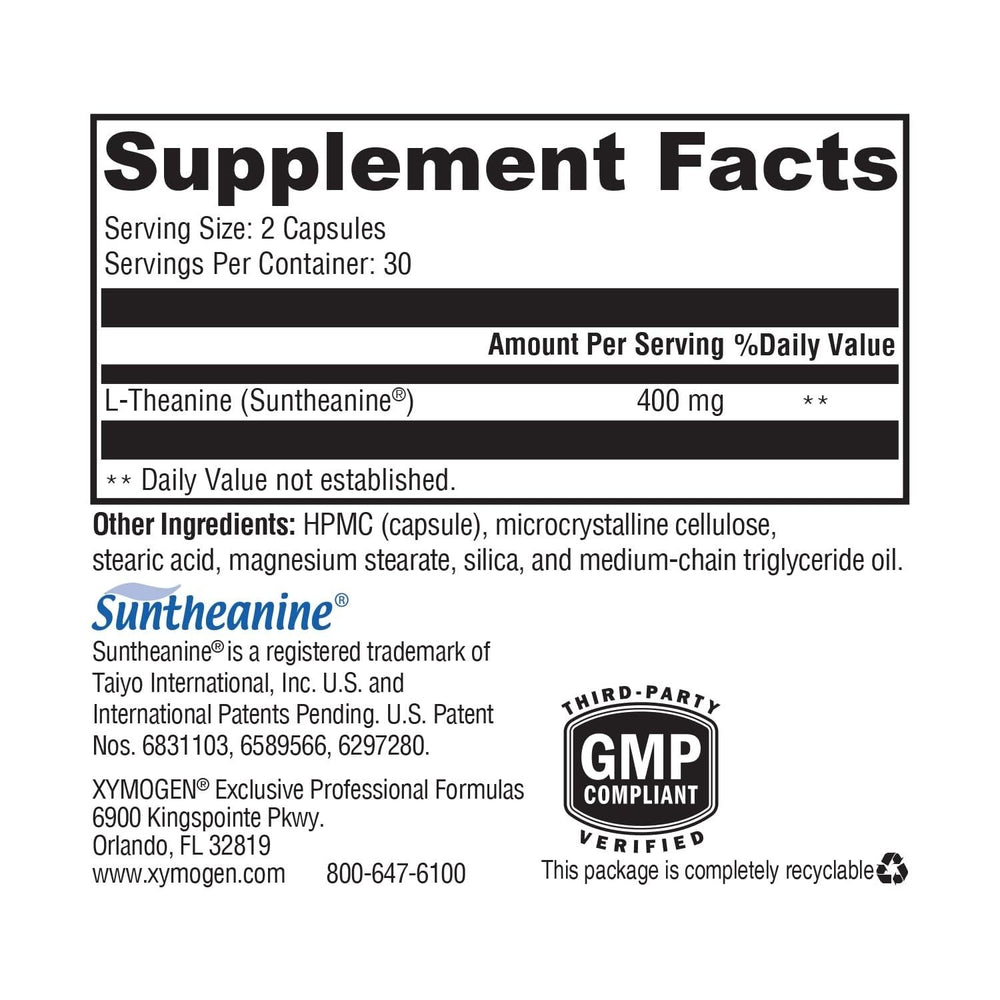 Closeup of XYMOGEN L-Theanine capsules in a pack for easy daily use