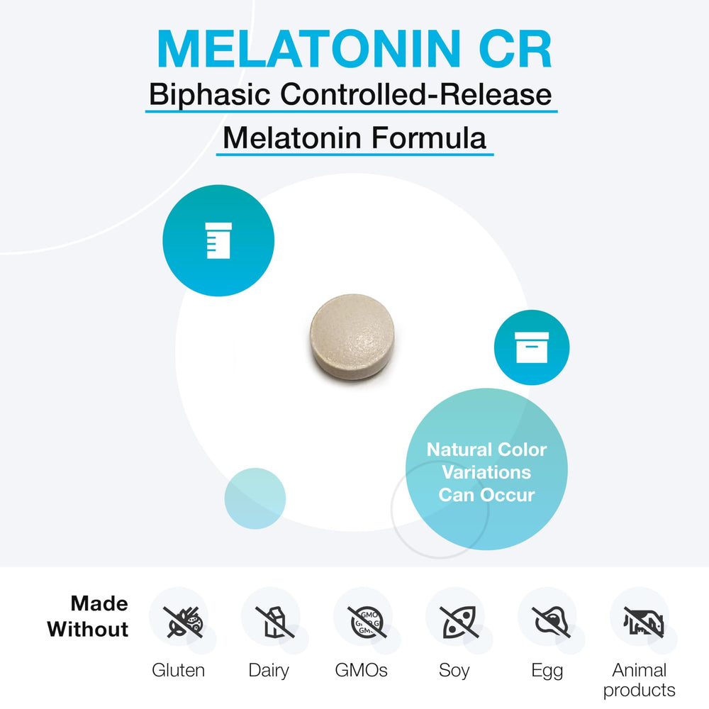 XYMOGEN Melatonin CR biphasic delivery graphic showing quick release and steady support.