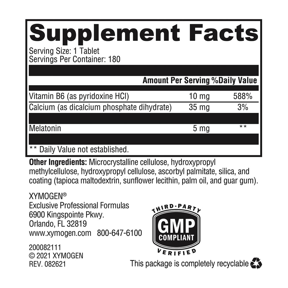 XYMOGEN Melatonin CR bottle label shows 5 mg per tablet and B6.