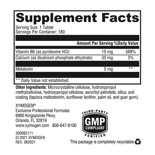 XYMOGEN Melatonin CR bottle label shows 5 mg per tablet and B6.