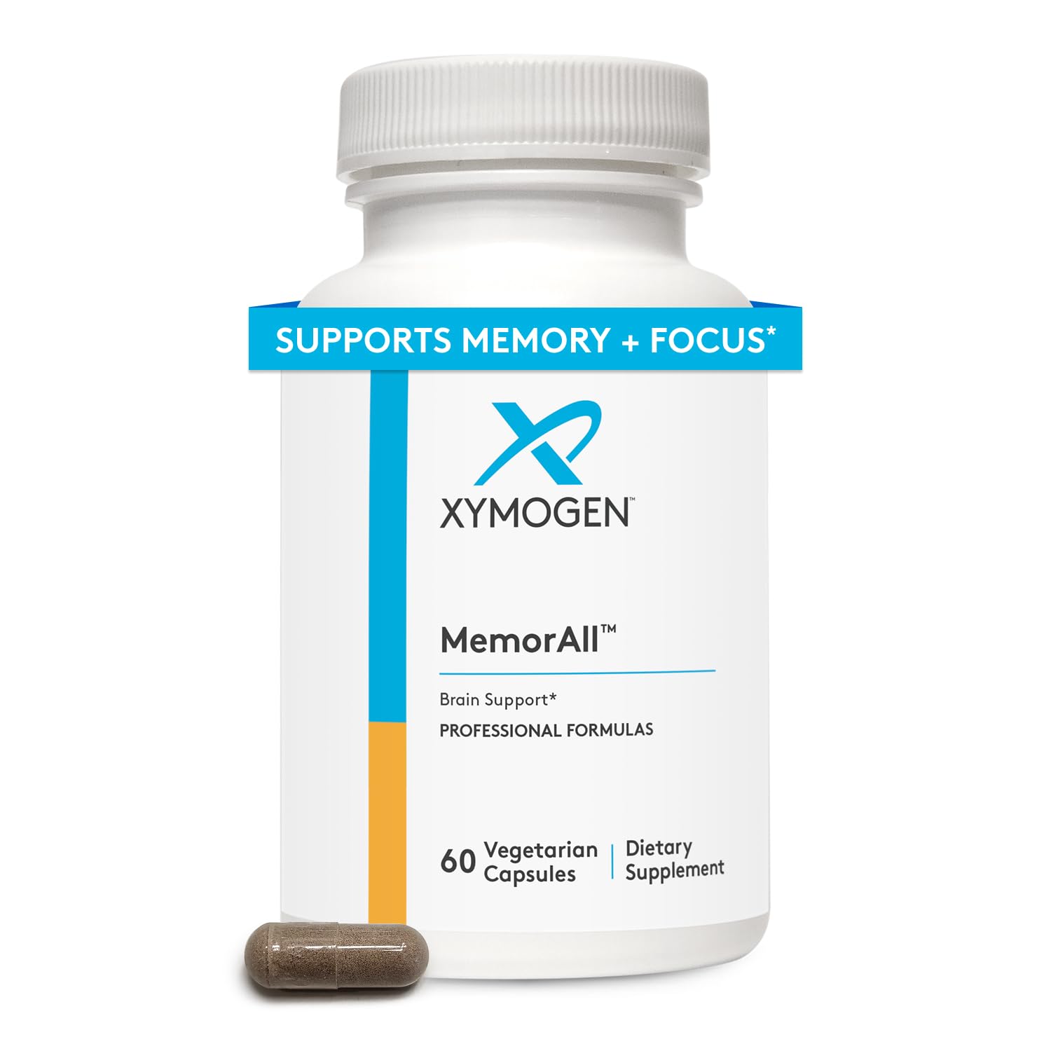 XYMOGEN MemorAll bottle front illustrating brain-support formulation.