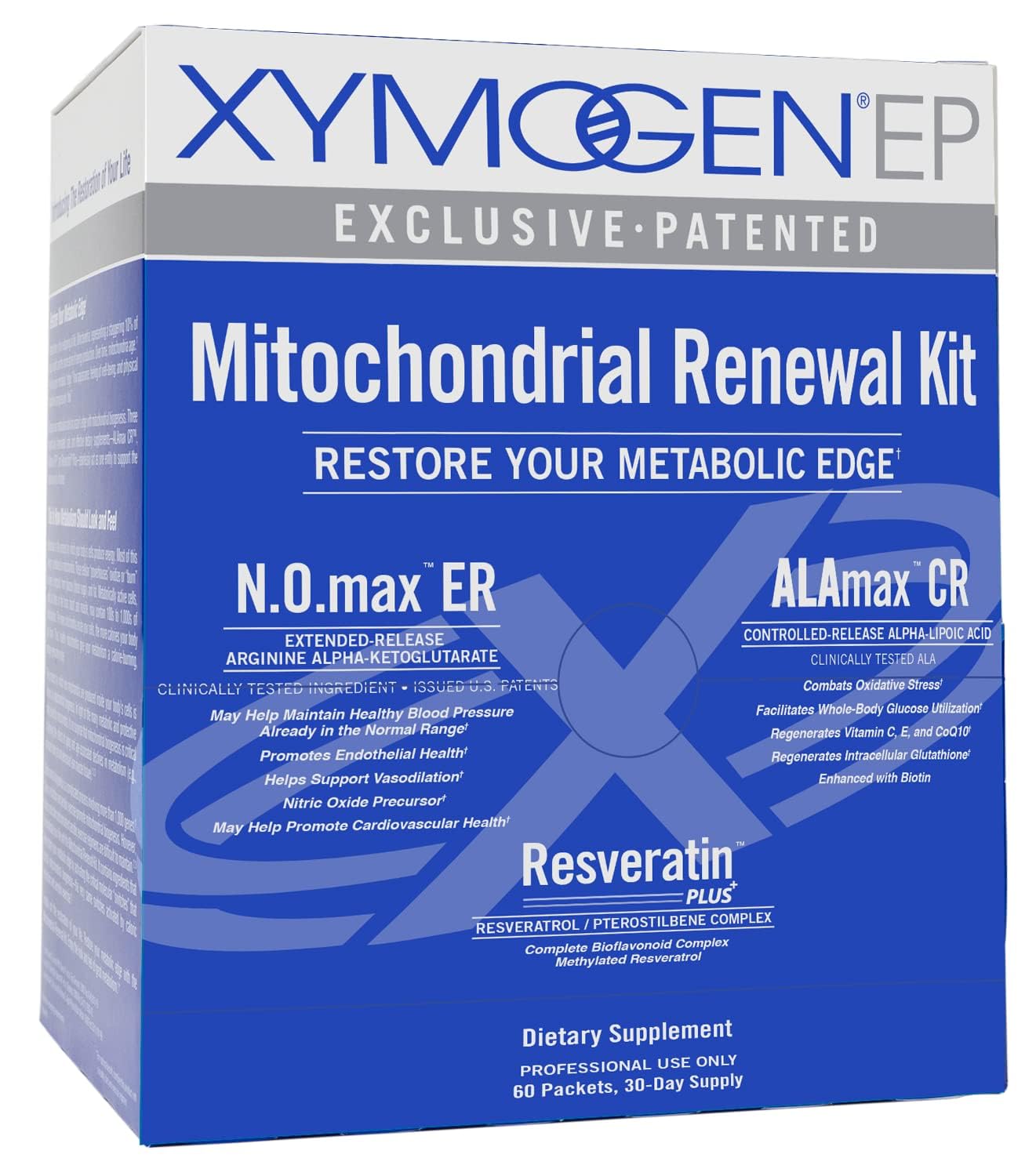 Xymogen Mitochondrial Renewal Kit packaging showing a complete daily wellness system for potential healthy aging
