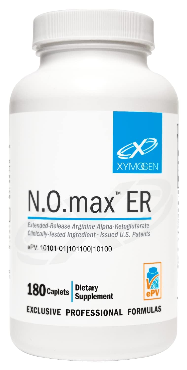 Xymogen N.O.max ER bottle cap close-up highlighting extended-release support.