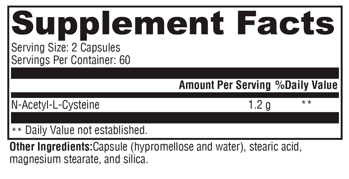 Bottle label detail shows dosage and ingredients for NAC.
