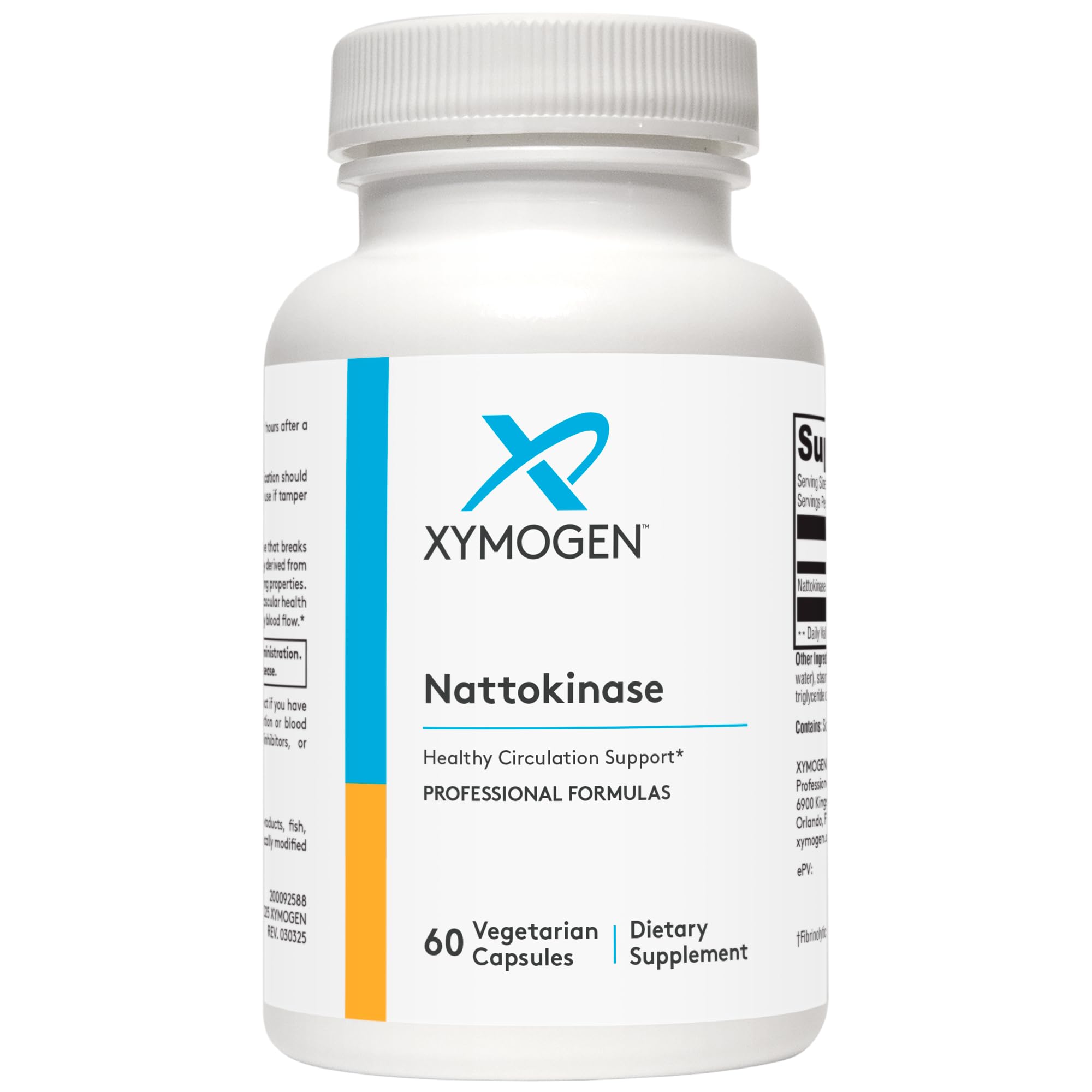 XYMOGEN Nattokinase bottle front shows gluten-free, vegan heart-support formula.