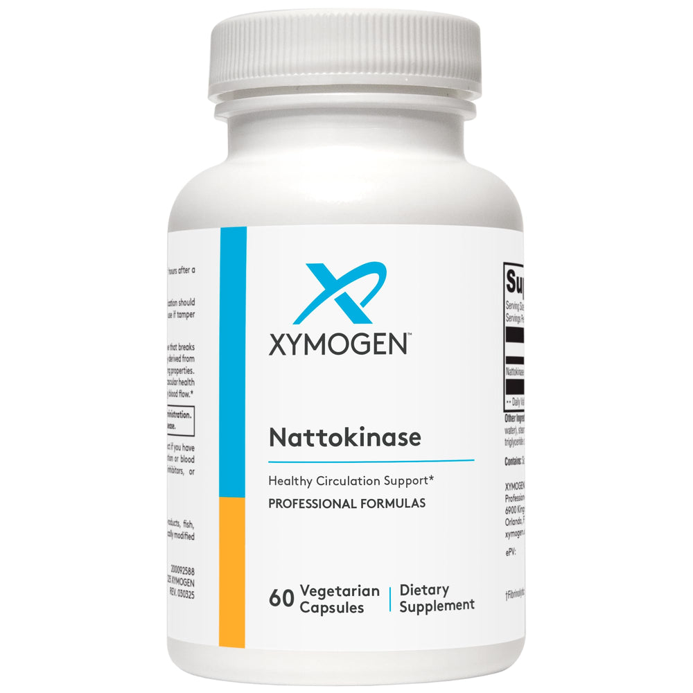 XYMOGEN Nattokinase bottle front shows gluten-free, vegan heart-support formula.