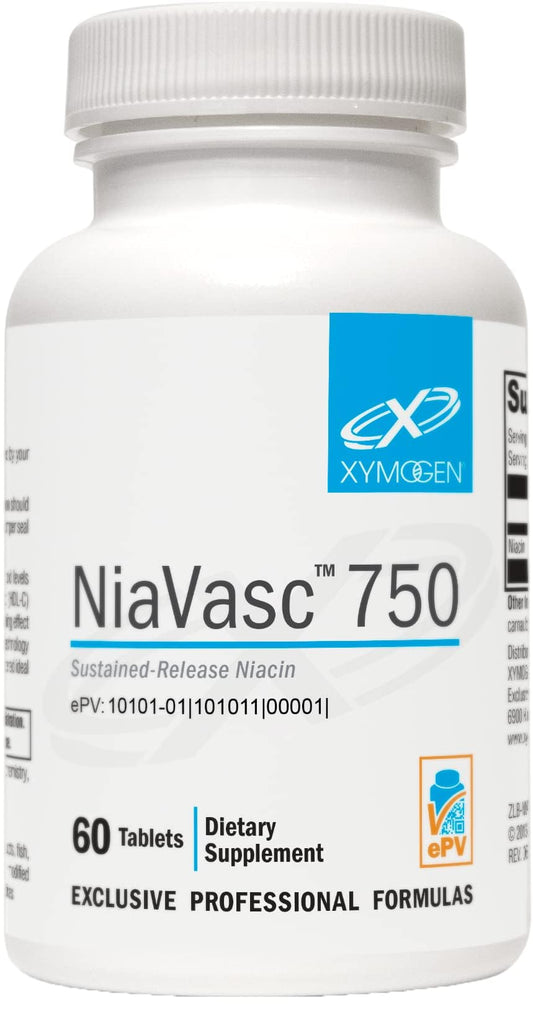 Xymogen NiaVasc bottle front highlights sustained-release formula for cardiovascular support