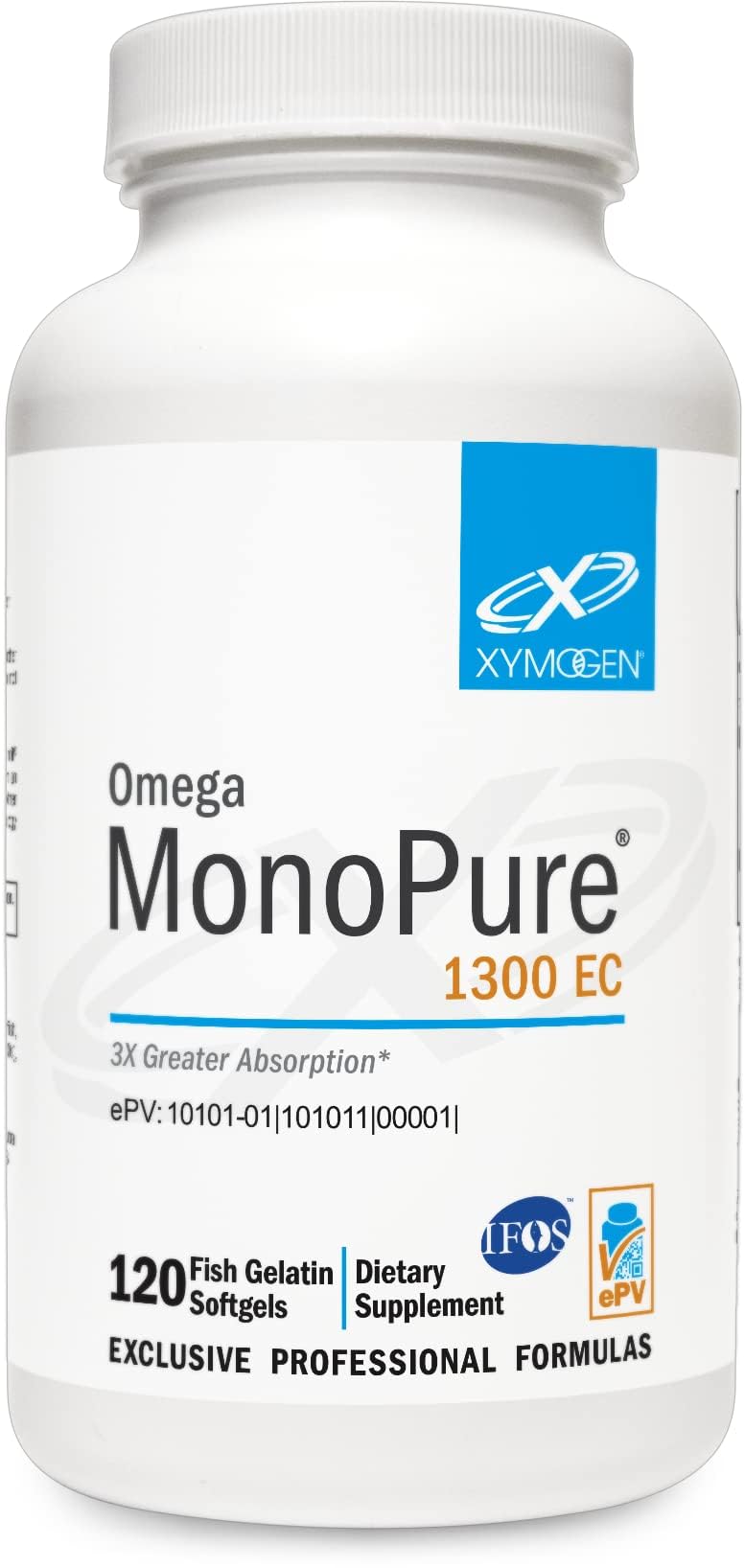 XYMOGEN Omega MonoPure 1300 EC bottle closeup showing heart and brain support.