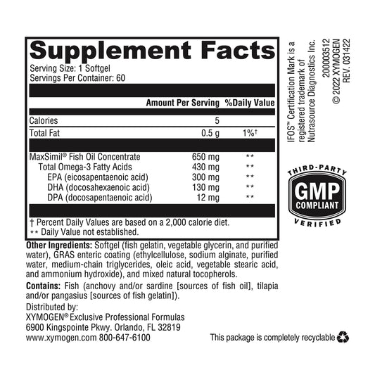 Xymogen Omega MonoPure 650-EC bottle back showing features and certifications.