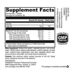 Xymogen Omega MonoPure 650-EC bottle back showing features and certifications.