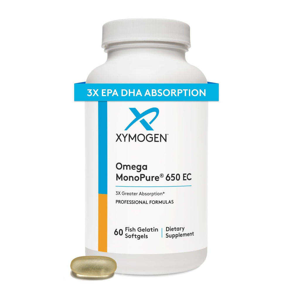 Xymogen Omega MonoPure 650-EC bottle front with small softgels for easy swallowing.