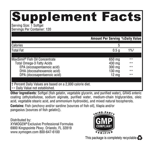 Xymogen Omega MonoPure 650-ec close-up of small softgels for easier swallowing.