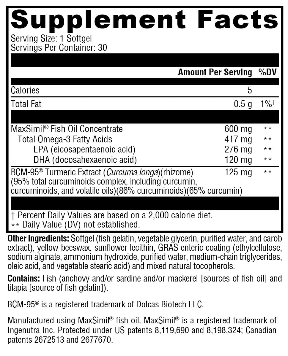 Xymogen Omega MonoPure Curcumin EC label detail shows BCM-95 turmeric extract for optimized absorption.