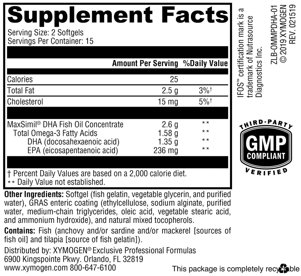 XYMOGEN Omega MonoPure DHA label detail, concentrated DHA and EPA.
