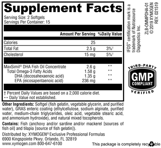 XYMOGEN Omega MonoPure DHA label detail, concentrated DHA and EPA.