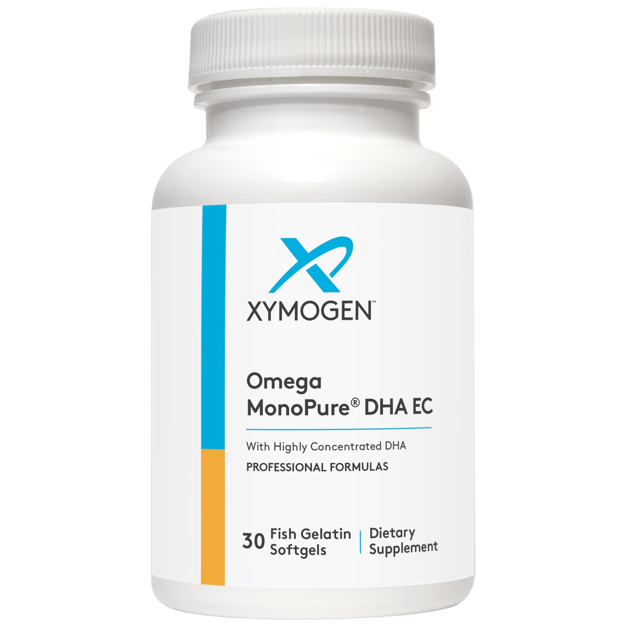XYMOGEN Omega MonoPure softgels close-up, easy-to-swallow capsules.