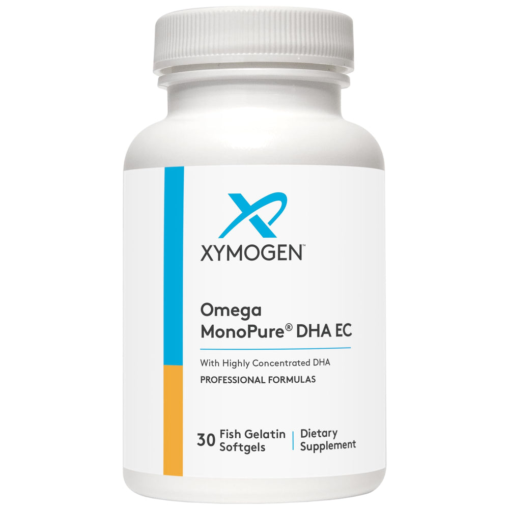 XYMOGEN Omega MonoPure softgels close-up, easy-to-swallow capsules.