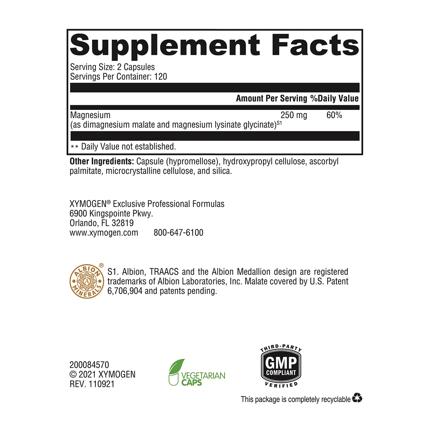 Xymogen OptiMag 125 bottle label—premium formula for heart and nerve health.