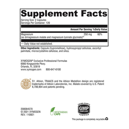Xymogen OptiMag 125 bottle label—premium formula for heart and nerve health.