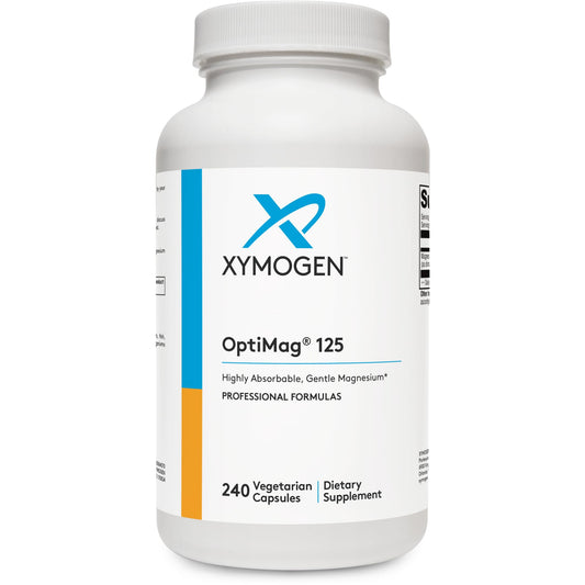 Xymogen OptiMag 125 bottle pour—high absorption magnesium for energy and muscle support.