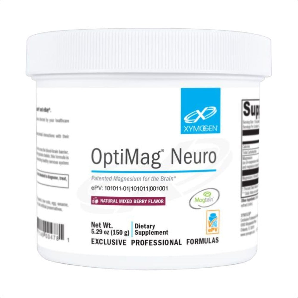XYMOGEN OptiMag Neuro bottle close-up with mixed-berry flavor for daily brain support.