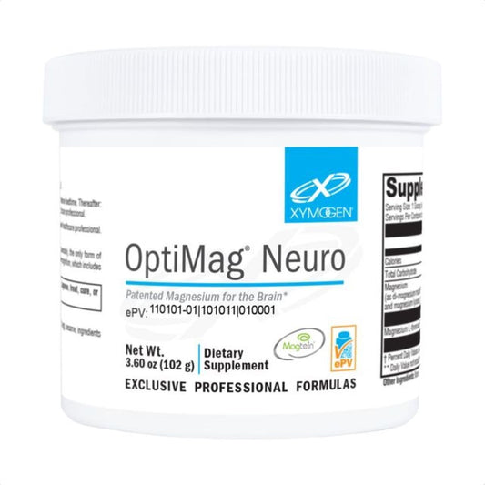 XYMOGEN OptiMag Neuro bottle pour for daily brain-support powder and easy mixing.