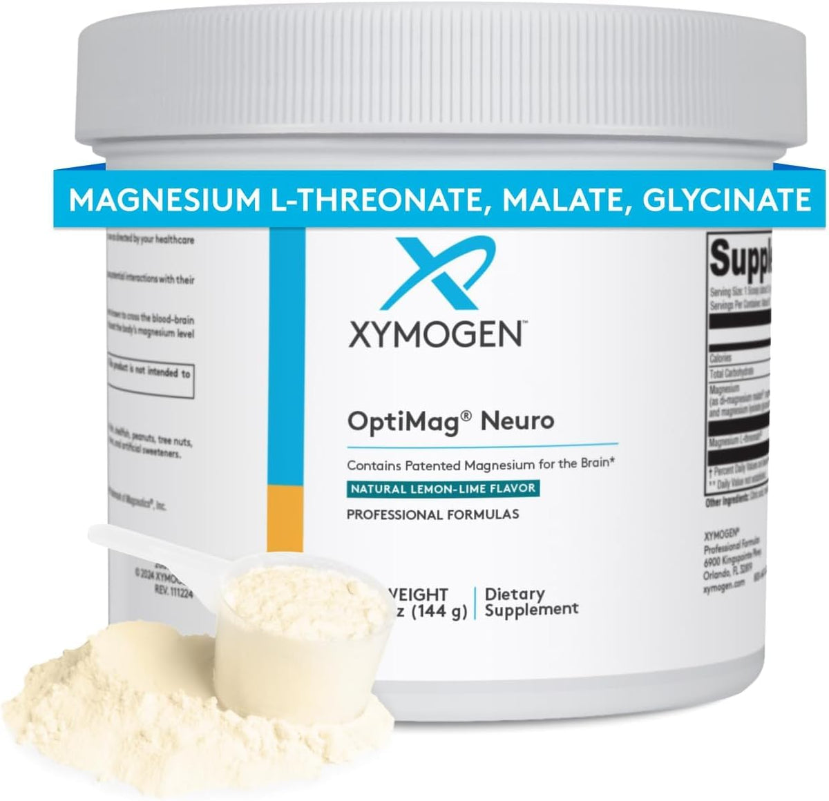 XYMOGEN OptiMag Neuro lemon-lime powder dissolves smoothly for daily brain support.