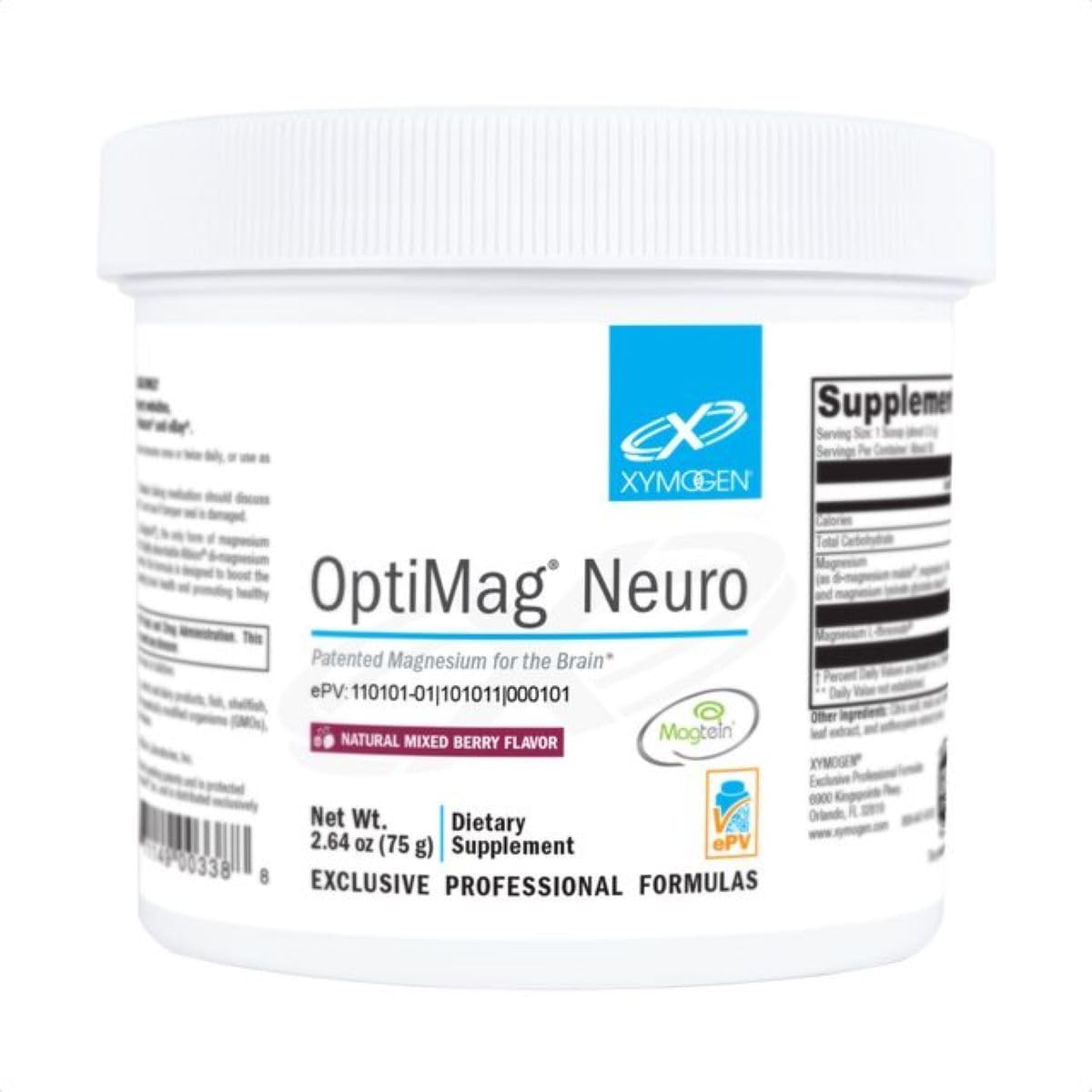 XYMOGEN OptiMag Neuro berry-flavored powder tub for brain health support.
