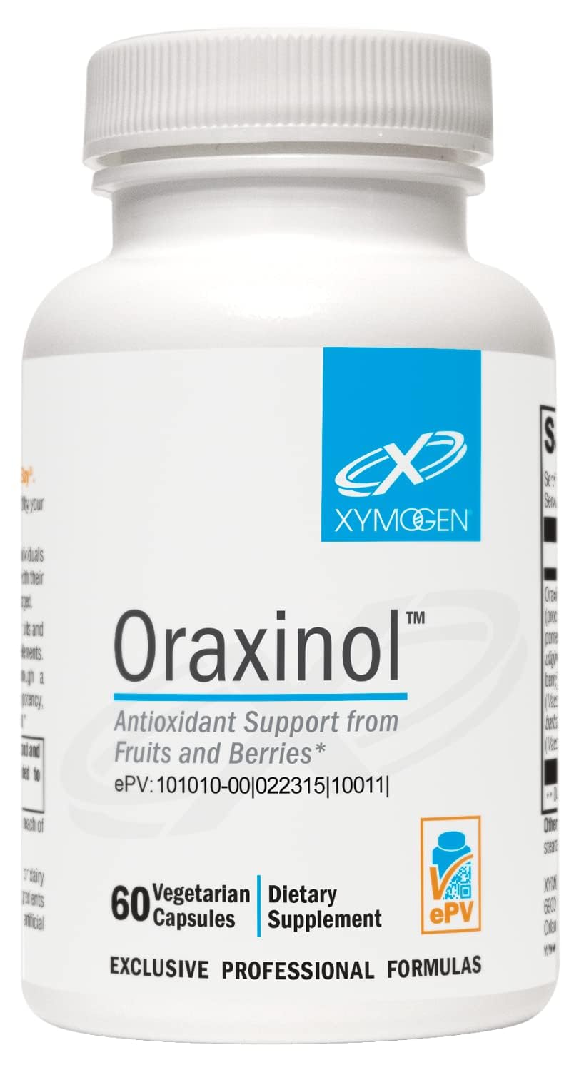 Xymogen Oraxinol bottle front displaying antioxidant-rich formula for heart wellness.