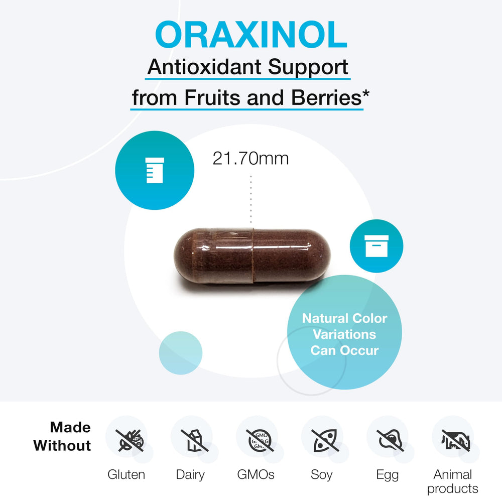 Oraxinol capsules arranged in a calm setting emphasize convenient daily support.