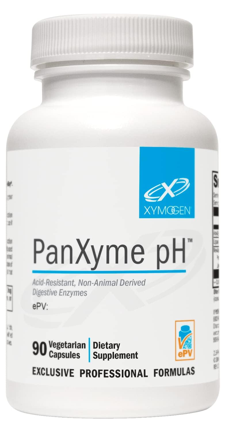 Xymogen PanXyme pH bottle for protein and fat digestion support.