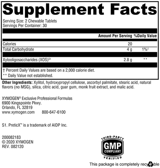 XYMOGEN PrebioMax bottle label highlighting ingredients and allergen-free features.