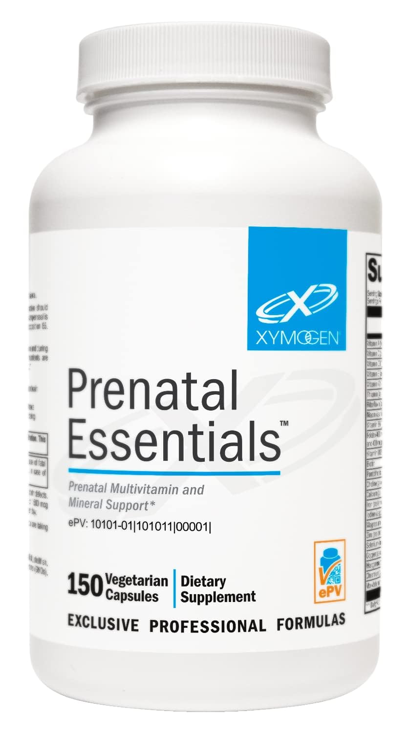 XYMOGEN Prenatal Essentials bottle pour showing easy-to-pour capsules for gentle absorption