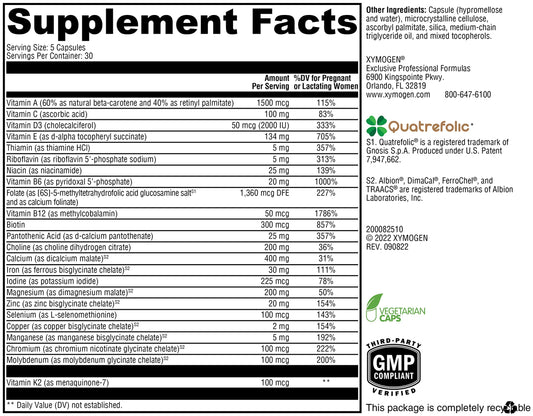 XYMOGEN Prenatal Essentials capsules closeup highlighting iron and minerals for gentle delivery