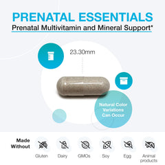 XYMOGEN Prenatal Essentials label detail emphasizes 5-MTHF folate and GMO-free formulation