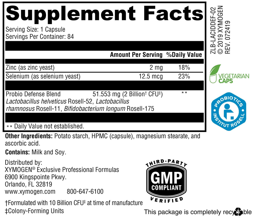 XYMOGEN Probio Defense label highlighting dairy-free probiotic use for lactose-sensitive users.
