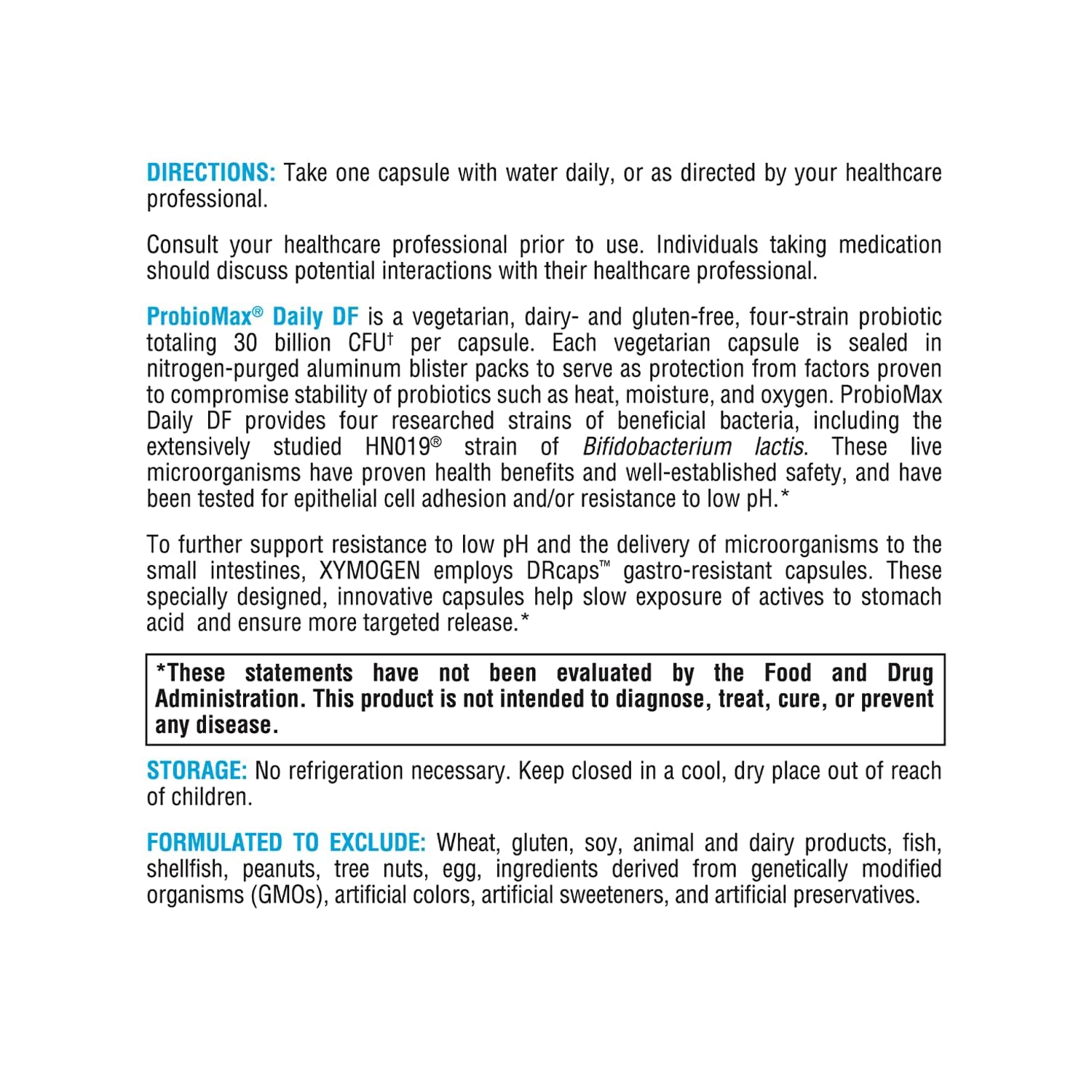 Xymogen ProbioMax Daily 30B nutrition facts panel highlighting 30B CFU per capsule.