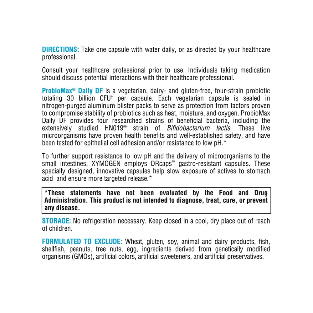 Xymogen ProbioMax Daily 30B nutrition facts panel highlighting 30B CFU per capsule.