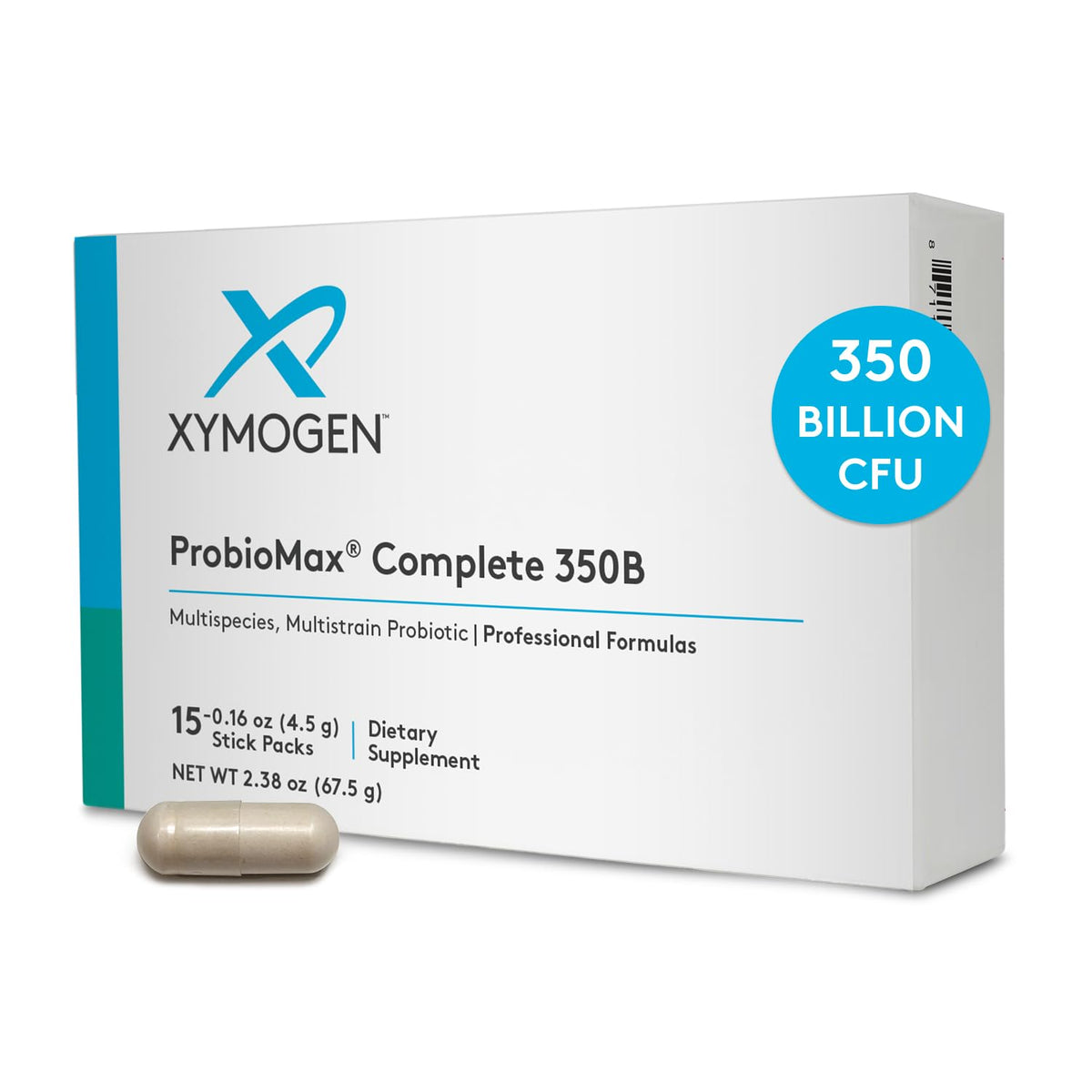 XYMOGEN ProbioMax Complete 350B bottle displaying dairy-free probiotic formula for gut health
