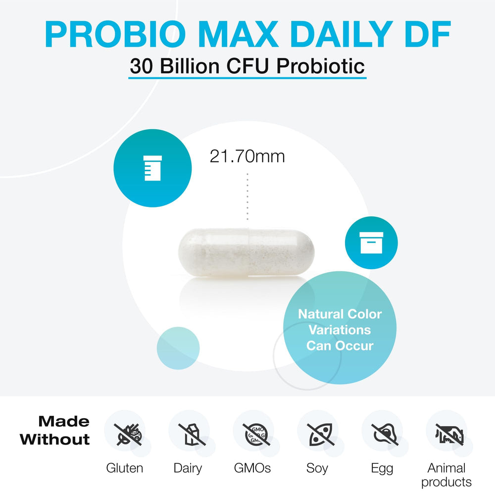 Label closeup highlights 30 billion CFU and four probiotic strains.