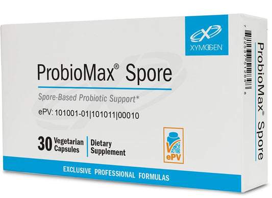 Xymogen ProbioMax bottle showing spore-based probiotic formula for daily gut support