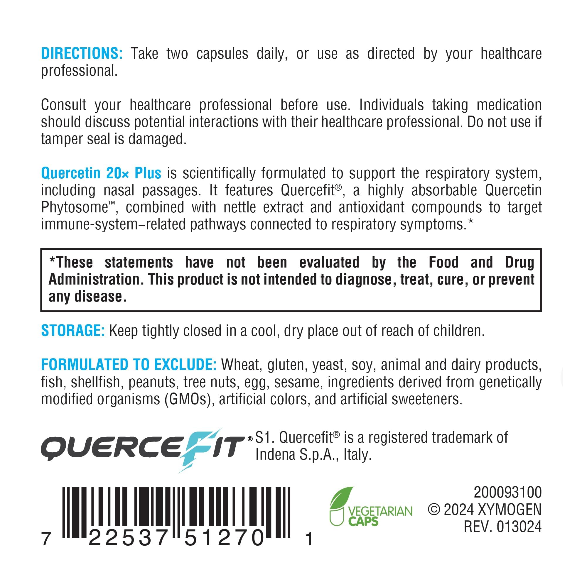 XYMOGEN Quercetin 20x Plus certifications and allergen-free claims.