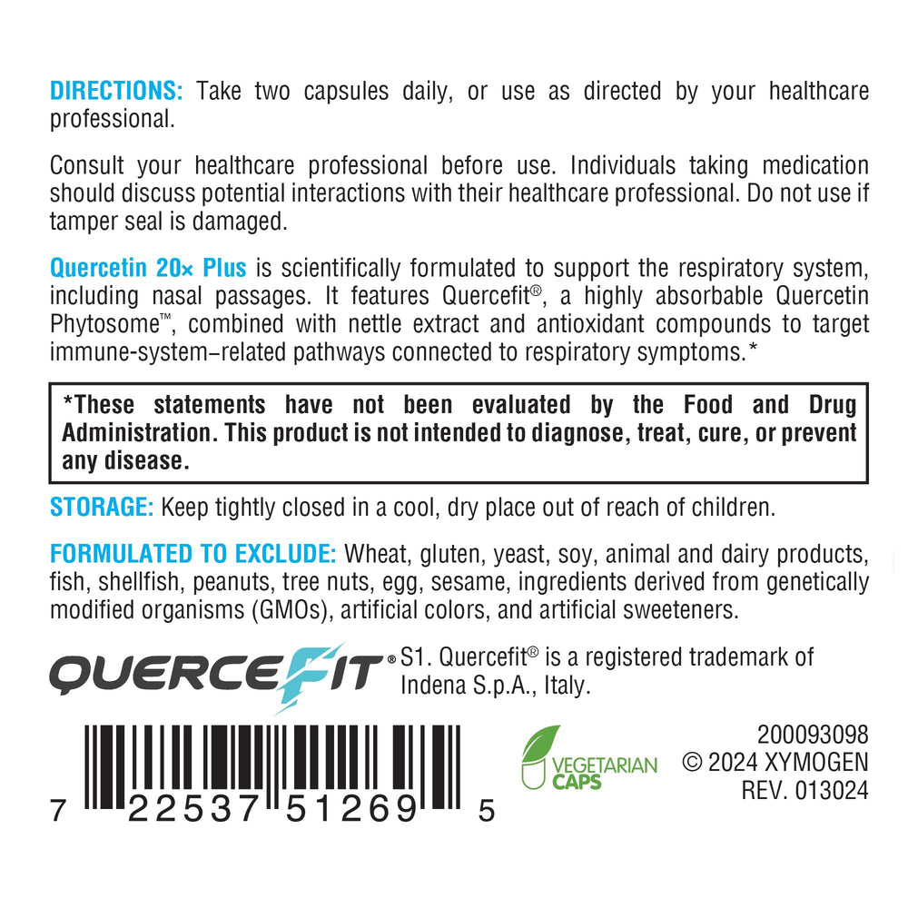 XYMOGEN Quercetin 20x Plus vegan gluten-free badge on packaging