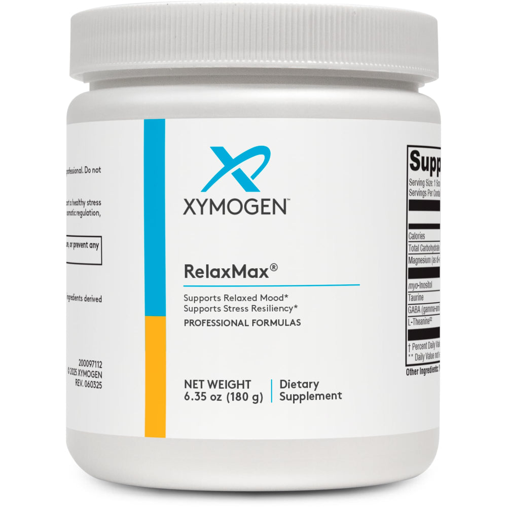XYMOGEN RelaxMax drink mix unflavored blends into water for easy daily mood support.
