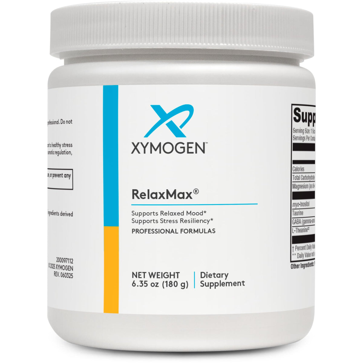 XYMOGEN RelaxMax drink mix unflavored blends into water for easy daily mood support.