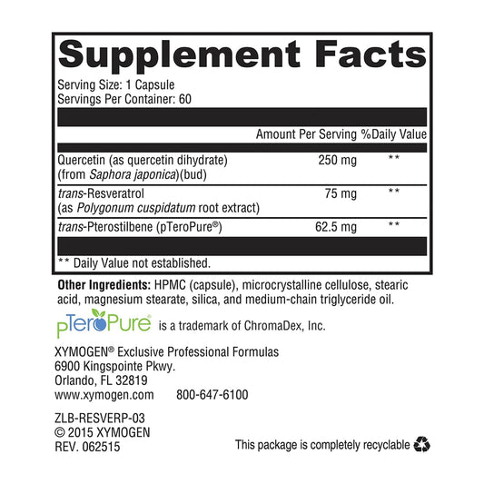 XYMOGEN Resveratin Plus capsules close-up showing antioxidant blend for immune support.