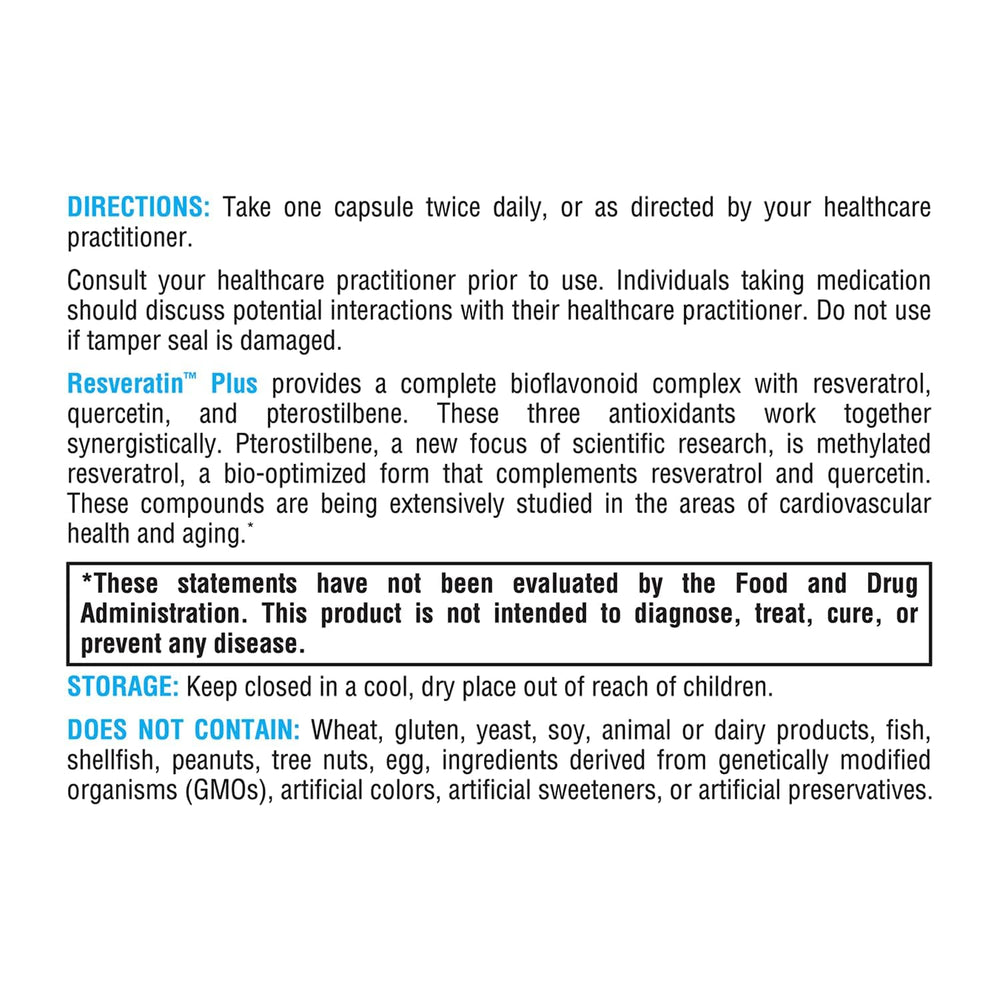 XYMOGEN Resveratin Plus insert with usage guidance and supplement facts.