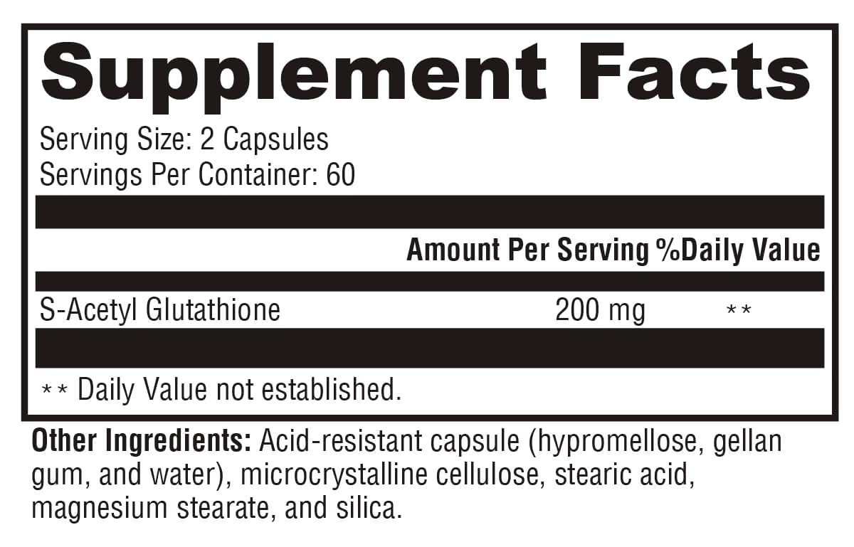 Closeup of XYMOGEN S Acetyl Glutathione capsules for easy, everyday use.