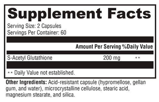 Closeup of XYMOGEN S Acetyl Glutathione capsules for easy, everyday use.